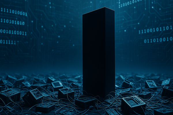 dark image with black monolith and broken computers